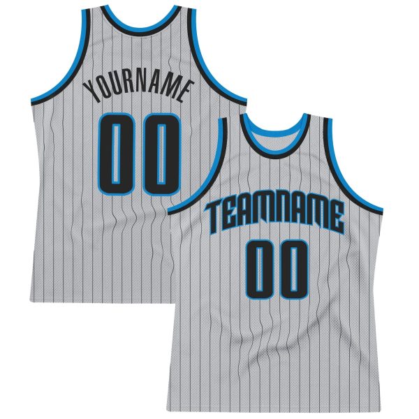 Gray Black Pinstripe Black-Blue Authentic Personalized Basketball Jersey