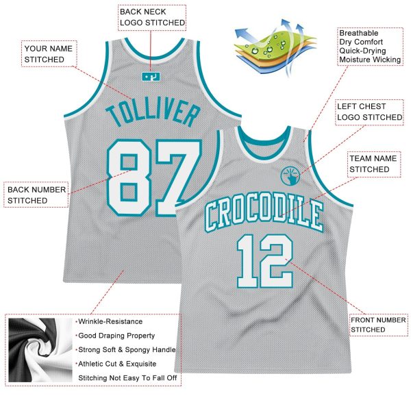 Gray White-Teal Authentic Throwback Personalized Basketball Jersey - Image 2