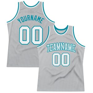 Gray White-Teal Authentic Throwback Personalized Basketball Jersey