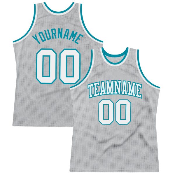 Gray White-Teal Authentic Throwback Personalized Basketball Jersey