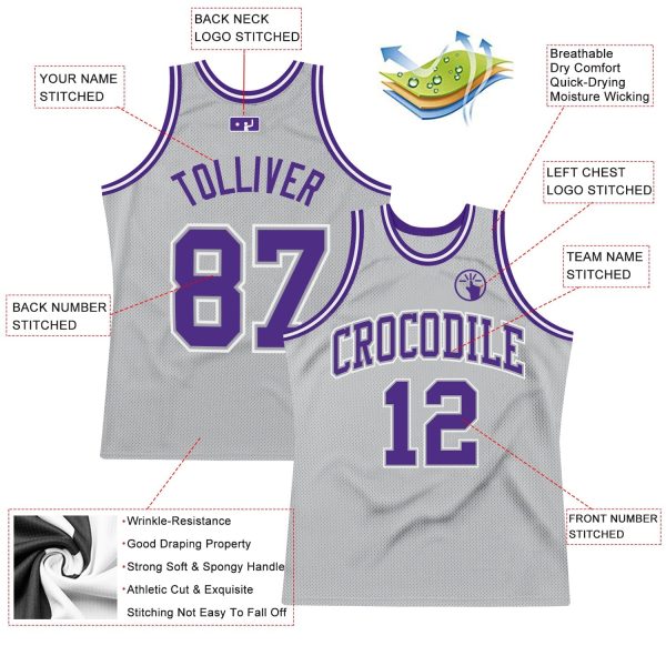 Gray Purple-White Authentic Throwback Personalized Basketball Jersey - Image 2