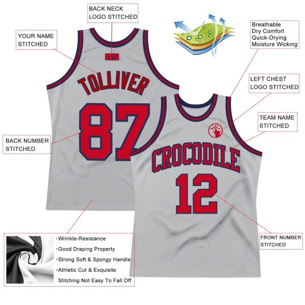 Gray Red-Navy Authentic Throwback Personalized Basketball Jersey - Image 2