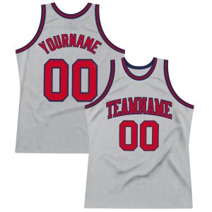 Gray Red-Navy Authentic Throwback Personalized Basketball Jersey