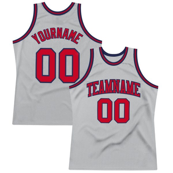 Gray Red-Navy Authentic Throwback Personalized Basketball Jersey