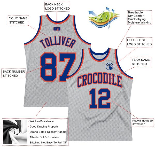 Gray Royal-Orange Authentic Throwback Personalized Basketball Jersey - Image 2