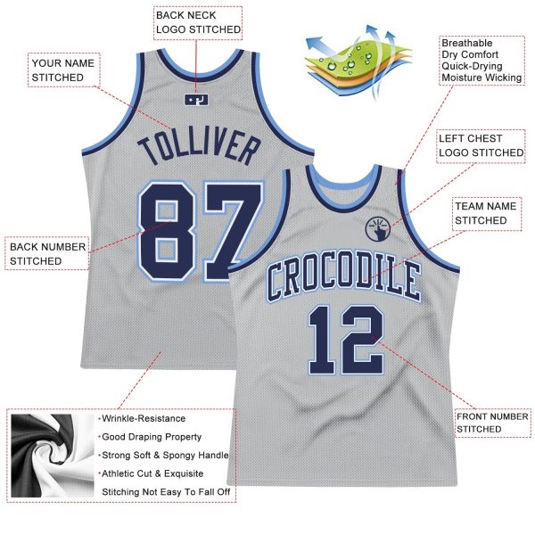 Gray Navy-Light Blue Authentic Throwback Personalized Basketball Jersey - Image 2
