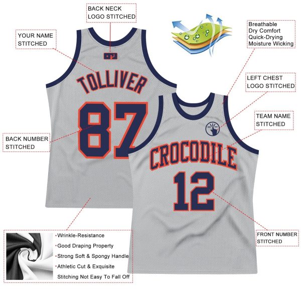 Gray Navy-Orange Authentic Throwback Personalized Basketball Jersey - Image 2