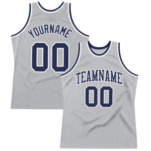 Gray Navy-White Authentic Throwback Personalized Basketball Jersey