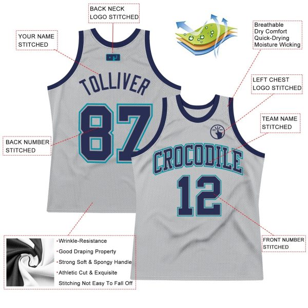 Gray Navy-Teal Authentic Throwback Personalized Basketball Jersey - Image 2