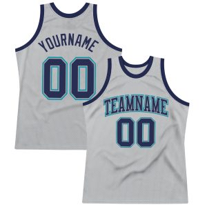 Gray Navy-Teal Authentic Throwback Personalized Basketball Jersey