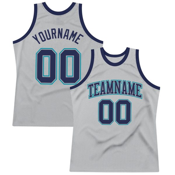 Gray Navy-Teal Authentic Throwback Personalized Basketball Jersey