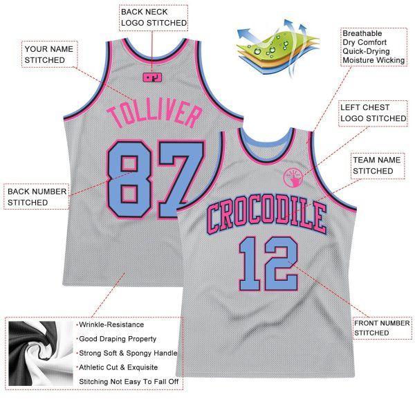 Gray Light Blue-Pink Authentic Throwback Personalized Basketball Jersey - Image 2