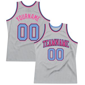 Gray Light Blue-Pink Authentic Throwback Personalized Basketball Jersey