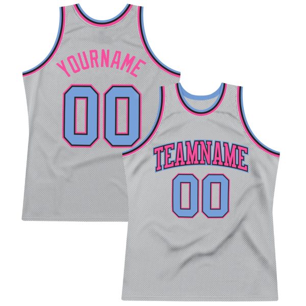 Gray Light Blue-Pink Authentic Throwback Personalized Basketball Jersey
