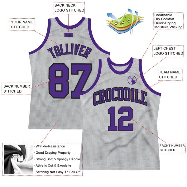 Gray Purple-Black Authentic Throwback Personalized Basketball Jersey - Image 2