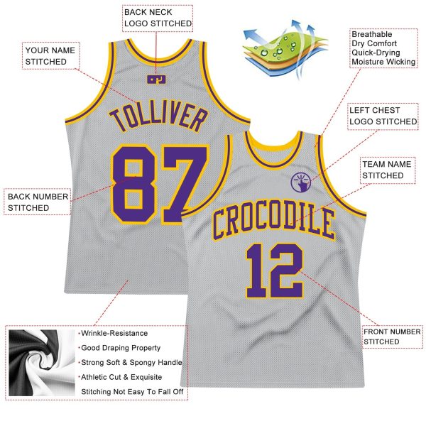 Gray Purple-Gold Authentic Throwback Personalized Basketball Jersey - Image 2