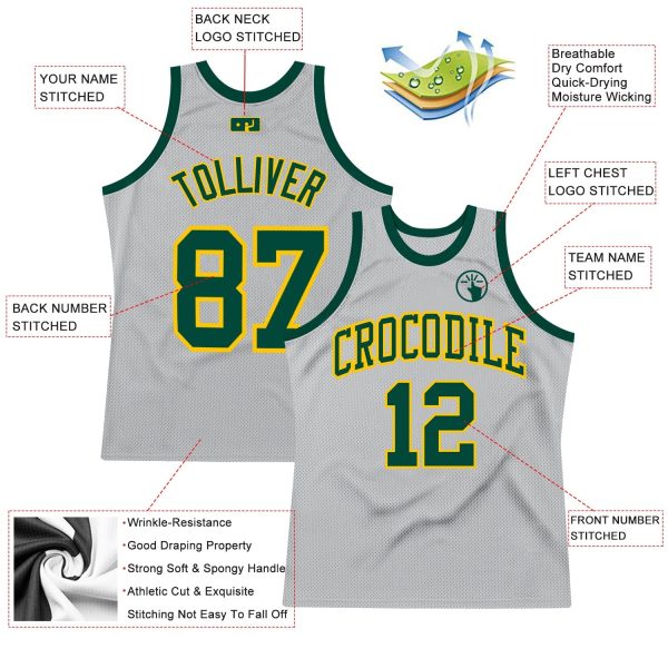 Gray Green-Gold Authentic Throwback Personalized Basketball Jersey - Image 2