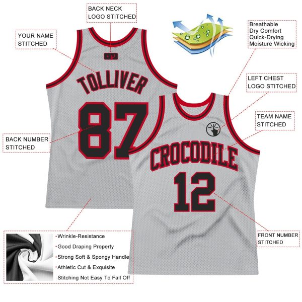 Gray Black-Red Authentic Throwback Personalized Basketball Jersey - Image 2