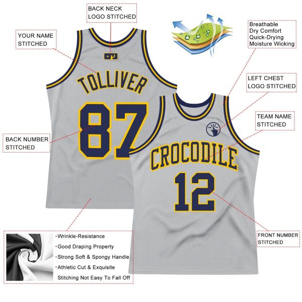Gray Navy-Gold Authentic Throwback Personalized Basketball Jersey - Image 2