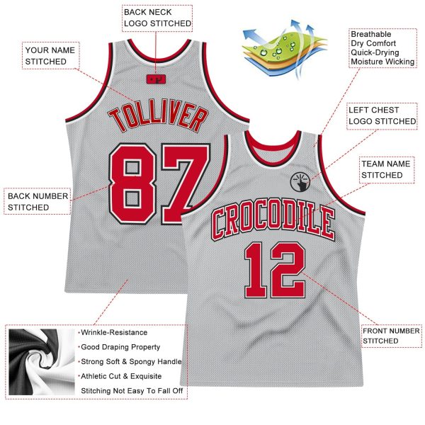 Gray Red-Black Authentic Throwback Personalized Basketball Jersey - Image 2