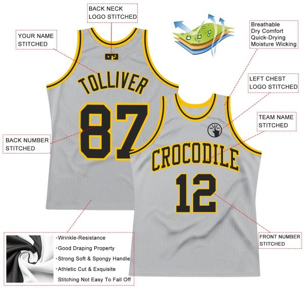 Gray Black-Gold Authentic Throwback Personalized Basketball Jersey - Image 2