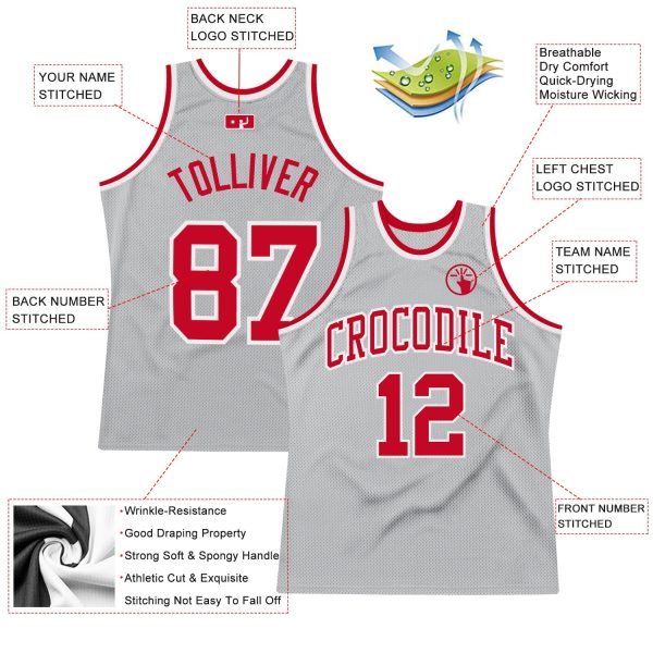 Gray Red-White Authentic Throwback Personalized Basketball Jersey - Image 2