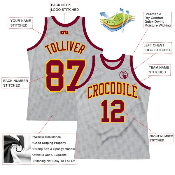 Gray Maroon-Gold Authentic Throwback Personalized Basketball Jersey - Image 2