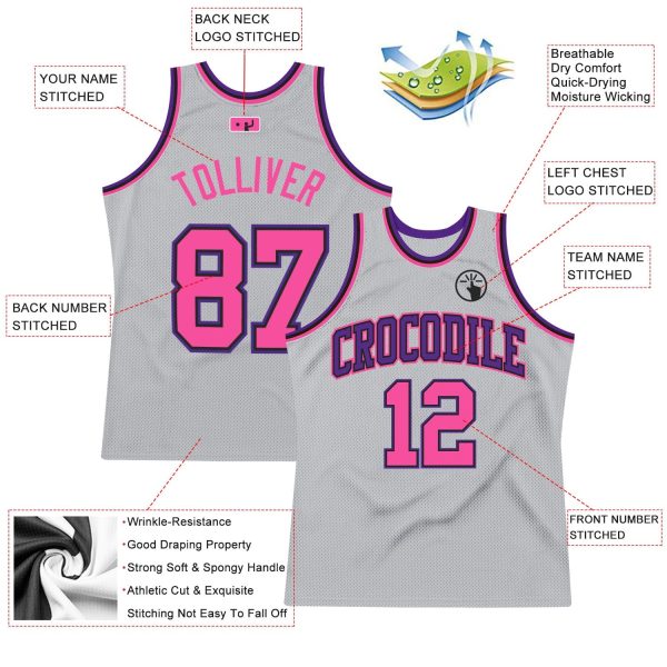 Gray Pink Black-Purple Authentic Throwback Personalized Basketball Jersey - Image 2