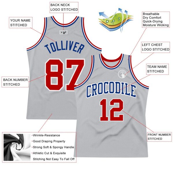 Gray Red-Royal Authentic Throwback Personalized Basketball Jersey - Image 2