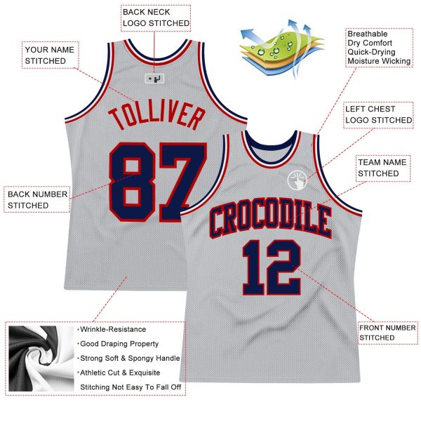 Gray Navy-Red Authentic Throwback Personalized Basketball Jersey - Image 2