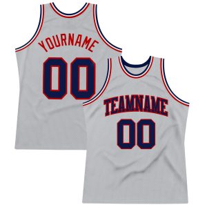 Gray Navy-Red Authentic Throwback Personalized Basketball Jersey