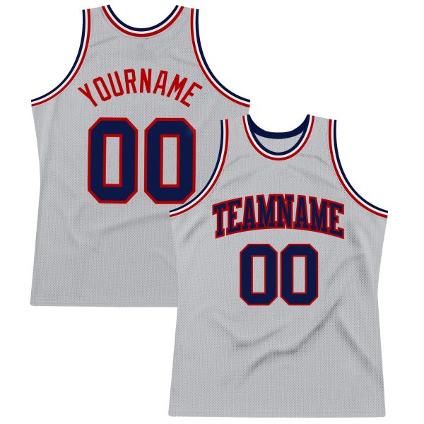 Gray Navy-Red Authentic Throwback Personalized Basketball Jersey