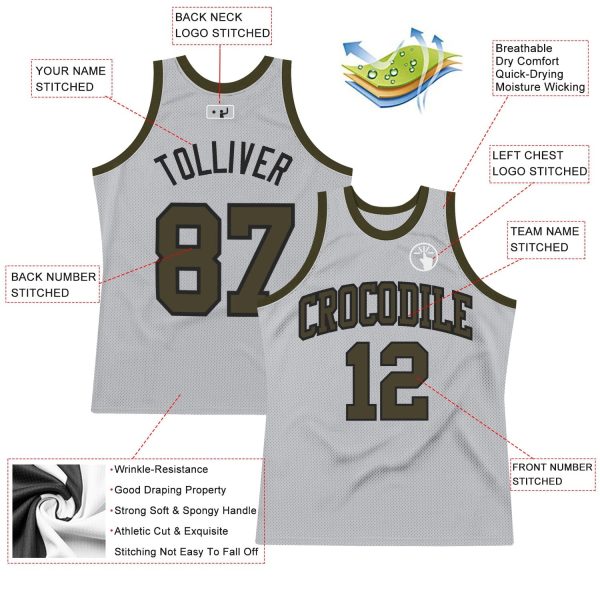 Gray Olive-Black Authentic Throwback Personalized Basketball Jersey - Image 2