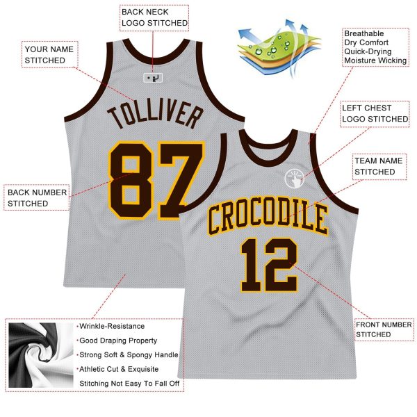 Gray Brown-Gold Authentic Throwback Personalized Basketball Jersey - Image 2