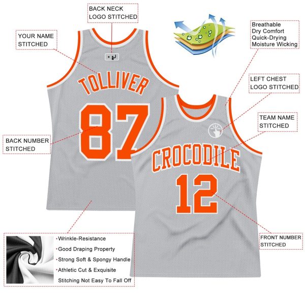 Gray Orange-White Authentic Throwback Personalized Basketball Jersey - Image 2
