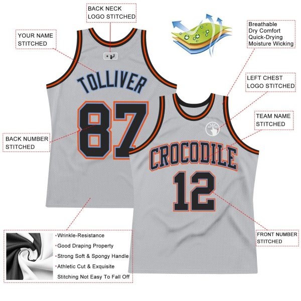 Gray Black Powder Blue-Orange Authentic Throwback Personalized Basketball Jersey - Image 2