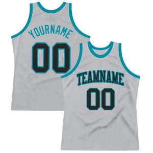 Gray Black-Teal Authentic Throwback Personalized Basketball Jersey