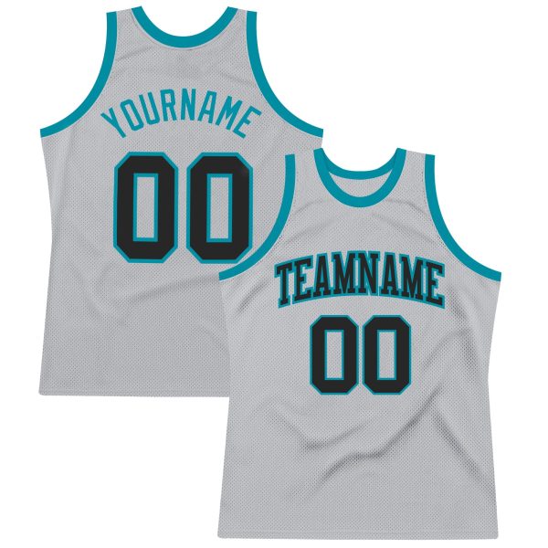 Gray Black-Teal Authentic Throwback Personalized Basketball Jersey