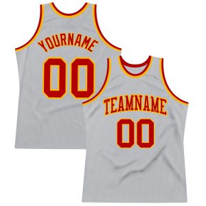 Gray Red-Gold Authentic Throwback Personalized Basketball Jersey