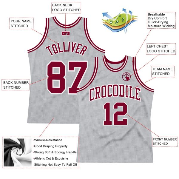 Gray Maroon-White Authentic Throwback Personalized Basketball Jersey - Image 2