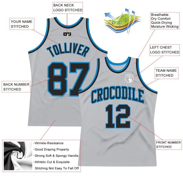 Gray Black-Blue Authentic Throwback Personalized Basketball Jersey - Image 2