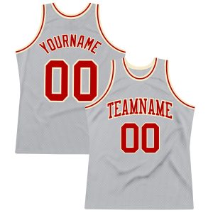 Gray Red-Cream Authentic Throwback Personalized Basketball Jersey