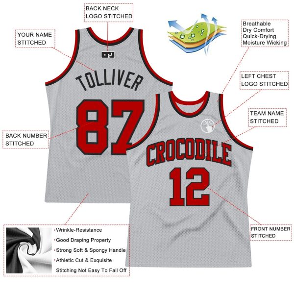 Gray Red-Black Authentic Throwback Personalized Basketball Jersey - Image 2