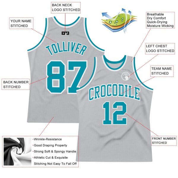 Gray Teal-White Authentic Throwback Personalized Basketball Jersey - Image 2