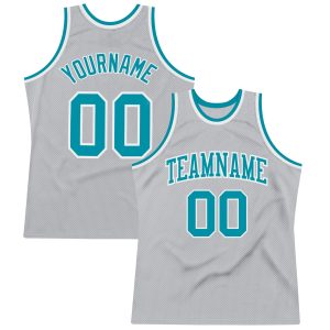 Gray Teal-White Authentic Throwback Personalized Basketball Jersey