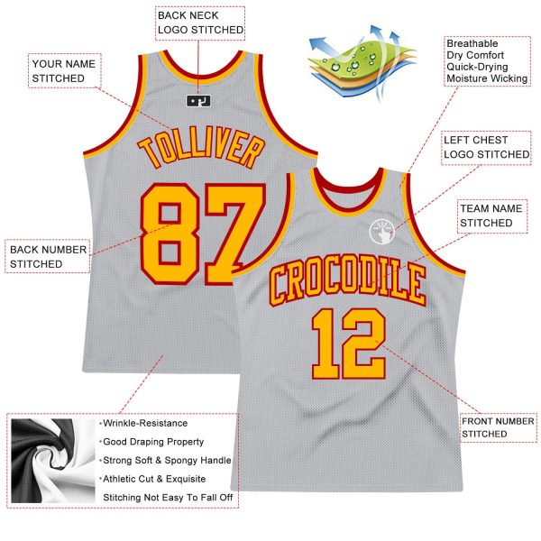 Gray Gold-Red Authentic Throwback Personalized Basketball Jersey - Image 2