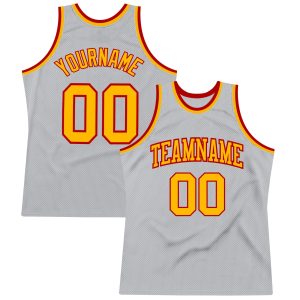 Gray Gold-Red Authentic Throwback Personalized Basketball Jersey