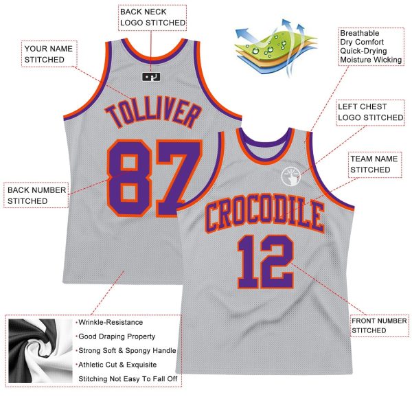 Gray Purple-Orange Authentic Throwback Personalized Basketball Jersey - Image 2