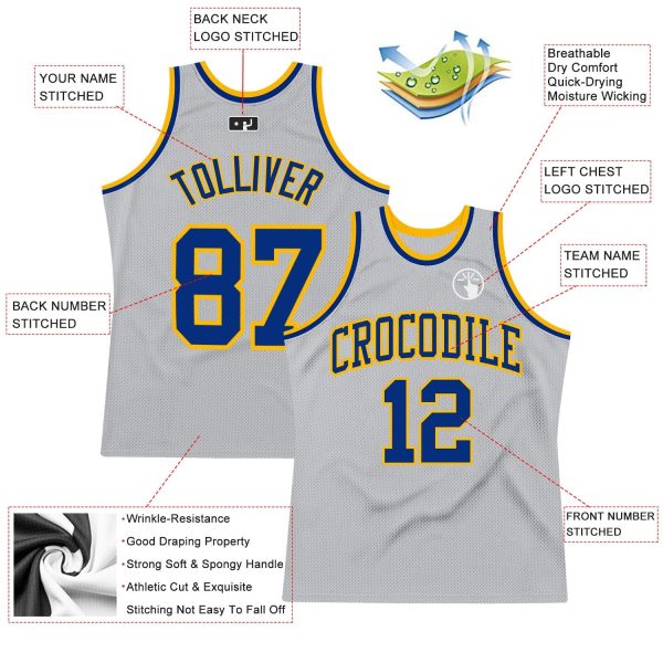 Gray Royal-Gold Authentic Throwback Personalized Basketball Jersey - Image 2