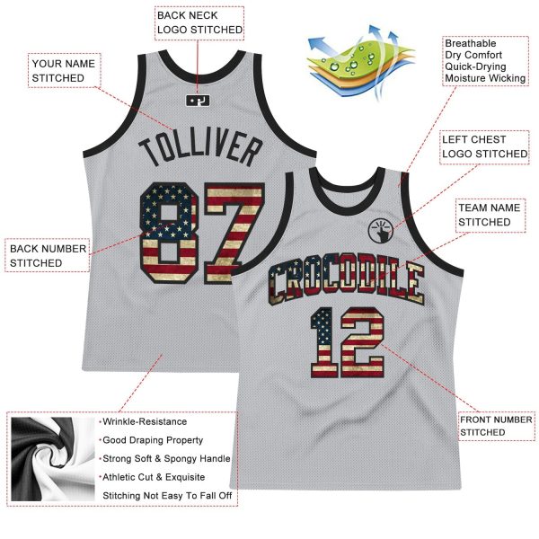 Gray Vintage USA Flag-Black Authentic Throwback Personalized Basketball Jersey - Image 2